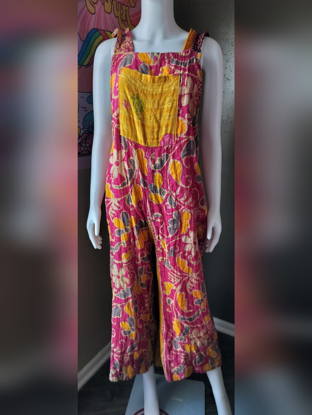 Boho Kantha Floral Wide-Leg Jumpsuit in Pink & Yellow Sz